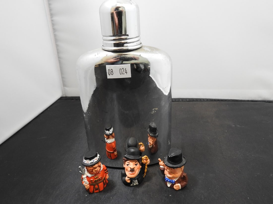 Vintage Whiskey Flask with Pewter Famous Men Thimbles - 4