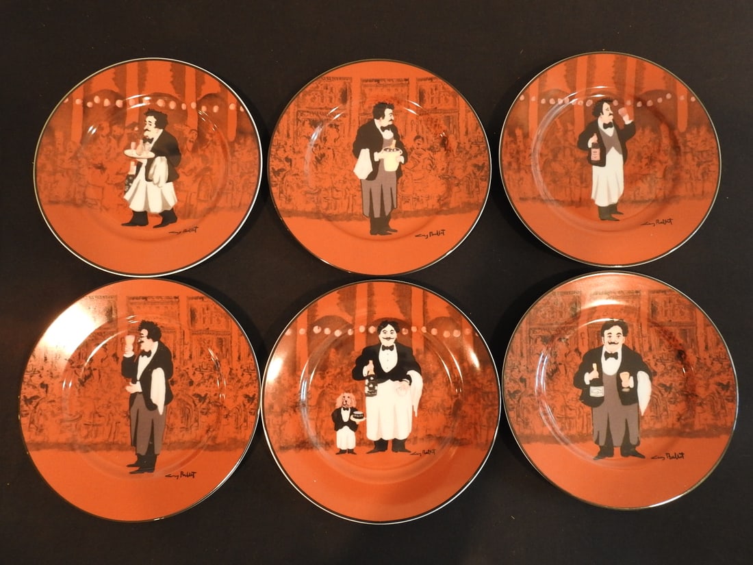 Williams Sonoma Guy Buffet Salad Plates: Williams Sonoma salad plates featuring artwork by artist Guy Buffet, measured as packed. Approx. 3.75 x 9 x 9 in.