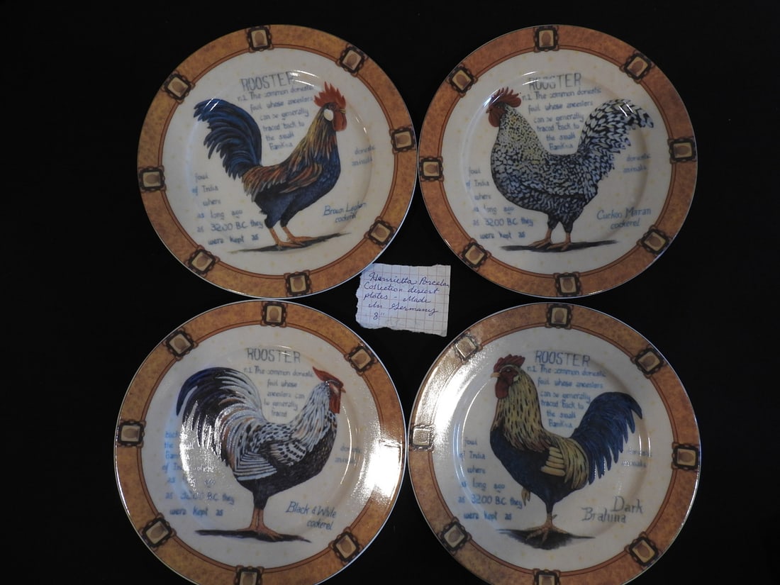Henrietta Made in Germany Rooster Dessert Plates: Henrietta porcelain collection dessert plates with rooster designs, made in Germany, measured as packed. Approx. 3 x 9 x 9 in.