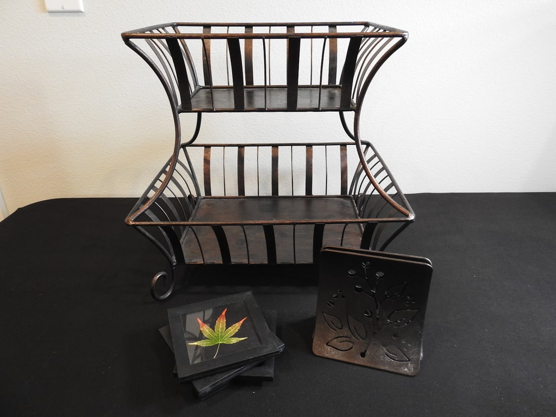 Metal Two-Tier Basket, Napkin Holder and Coasters (1 of 10)