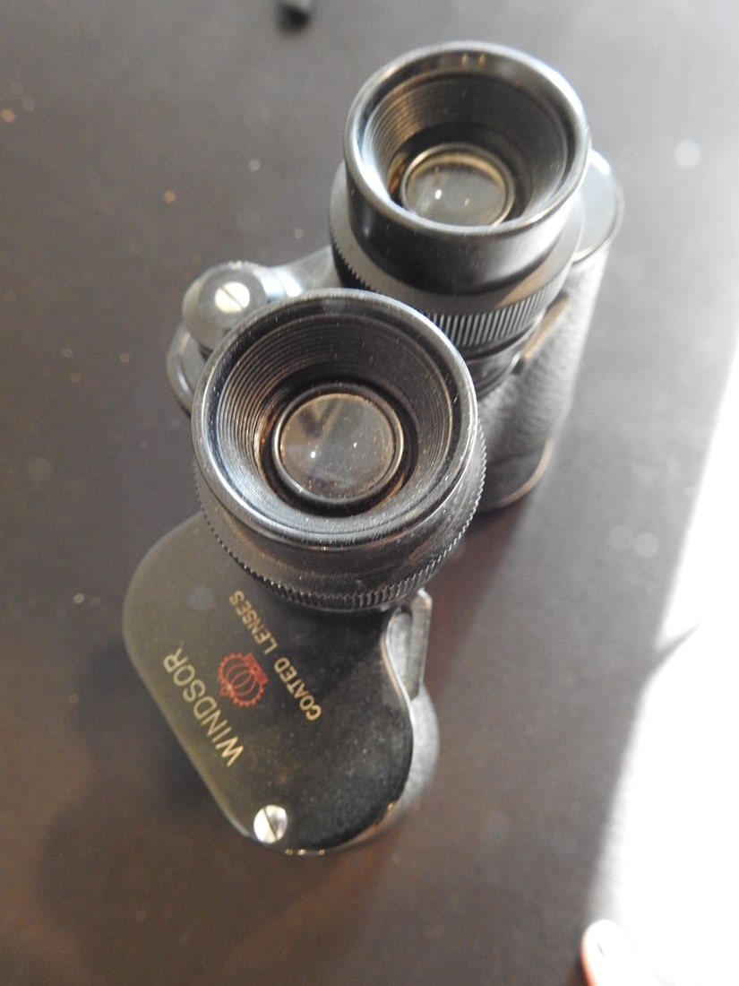 Vintage Winsor Binoculars: Vintage Winsor binoculars with case, measured as packed. Approx. 8 x 9 x 4 in.