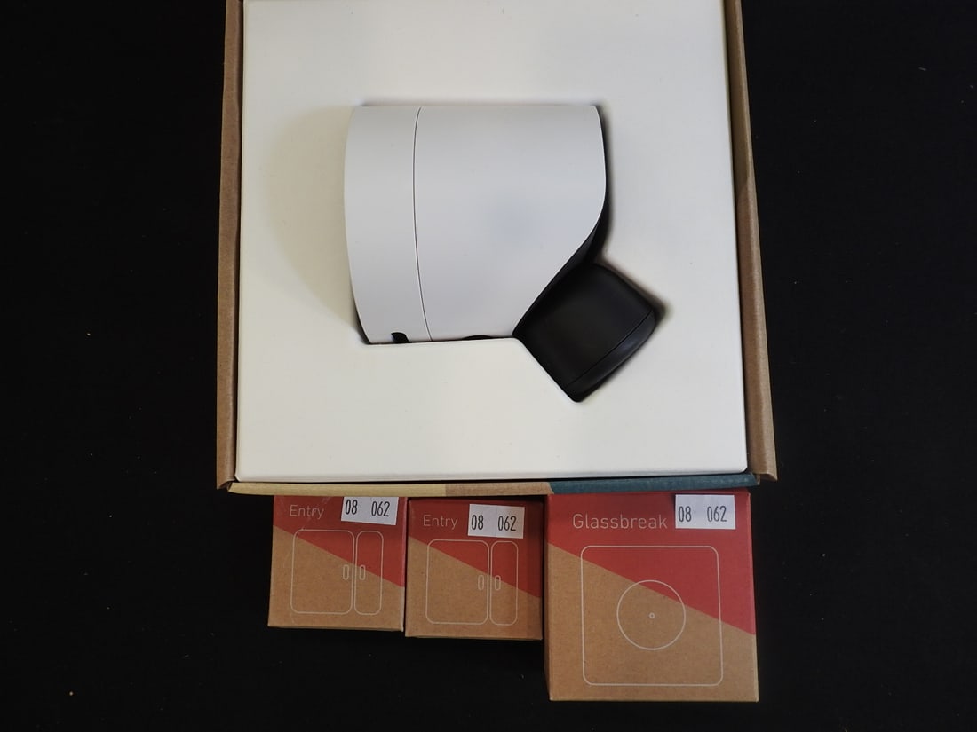 Wireless Outdoor Security Camera with Extras: Wireless outdoor security camera with extras, measured as packed. Approx. 6.5 x 6.75 x 6.75 in.