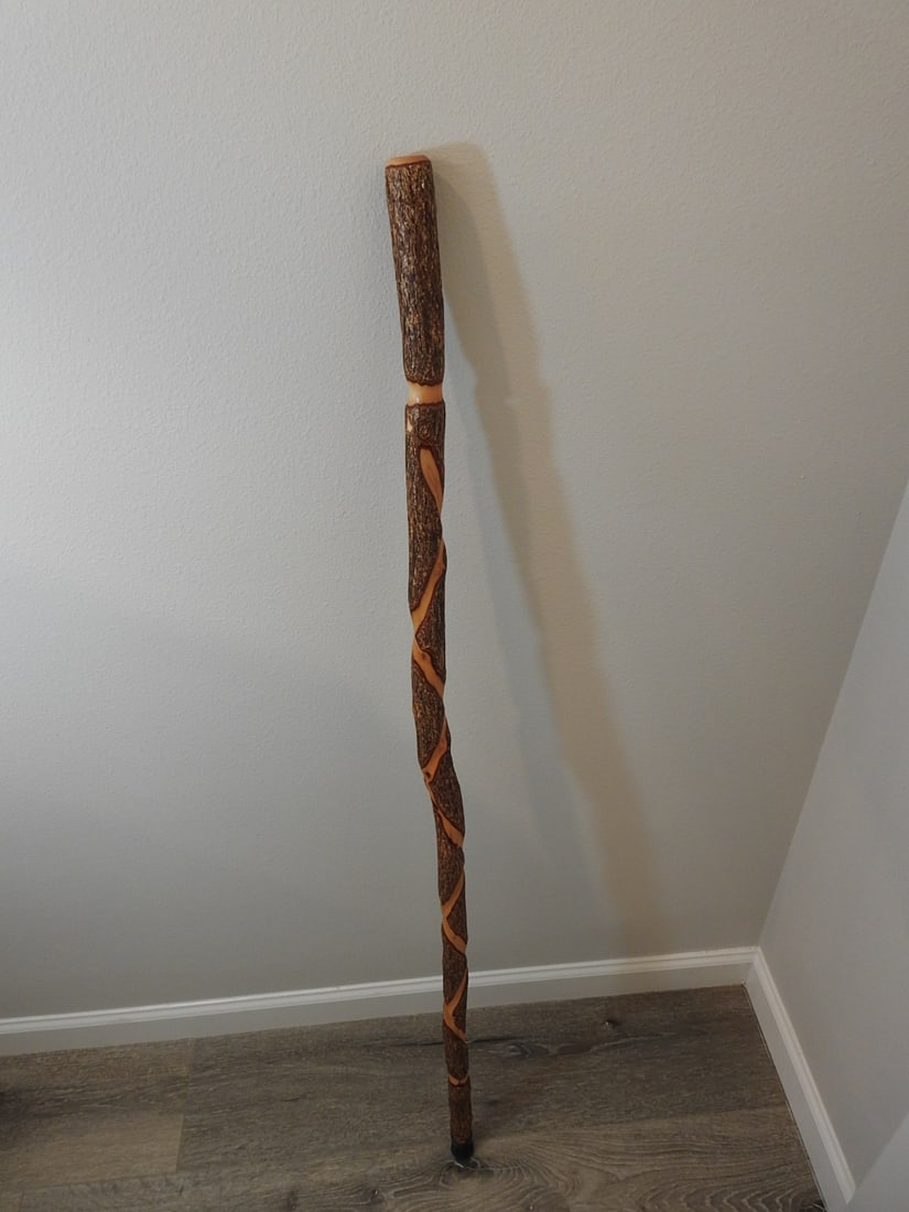 Carved Wood Walking Stick with Compass (1 of 5)