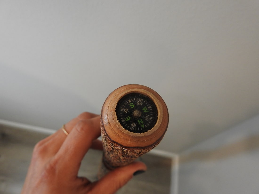 Carved Wood Walking Stick with Compass - 2