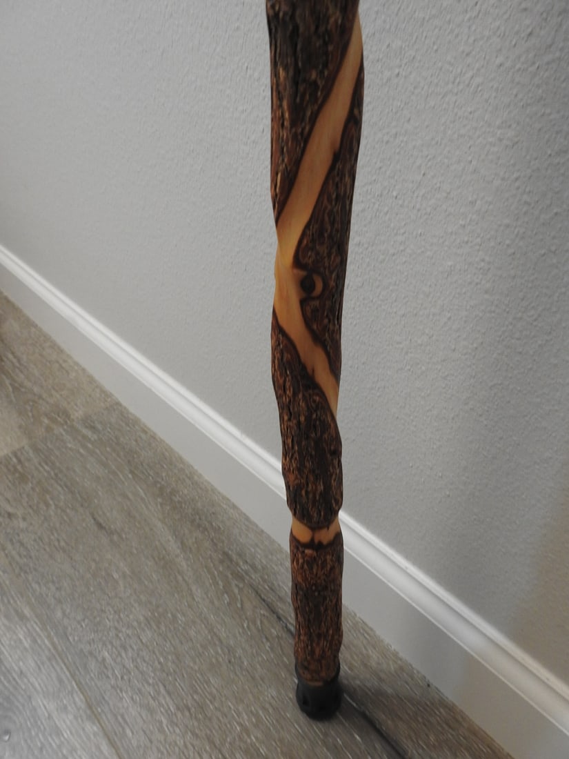 Carved Wood Walking Stick with Compass - 5
