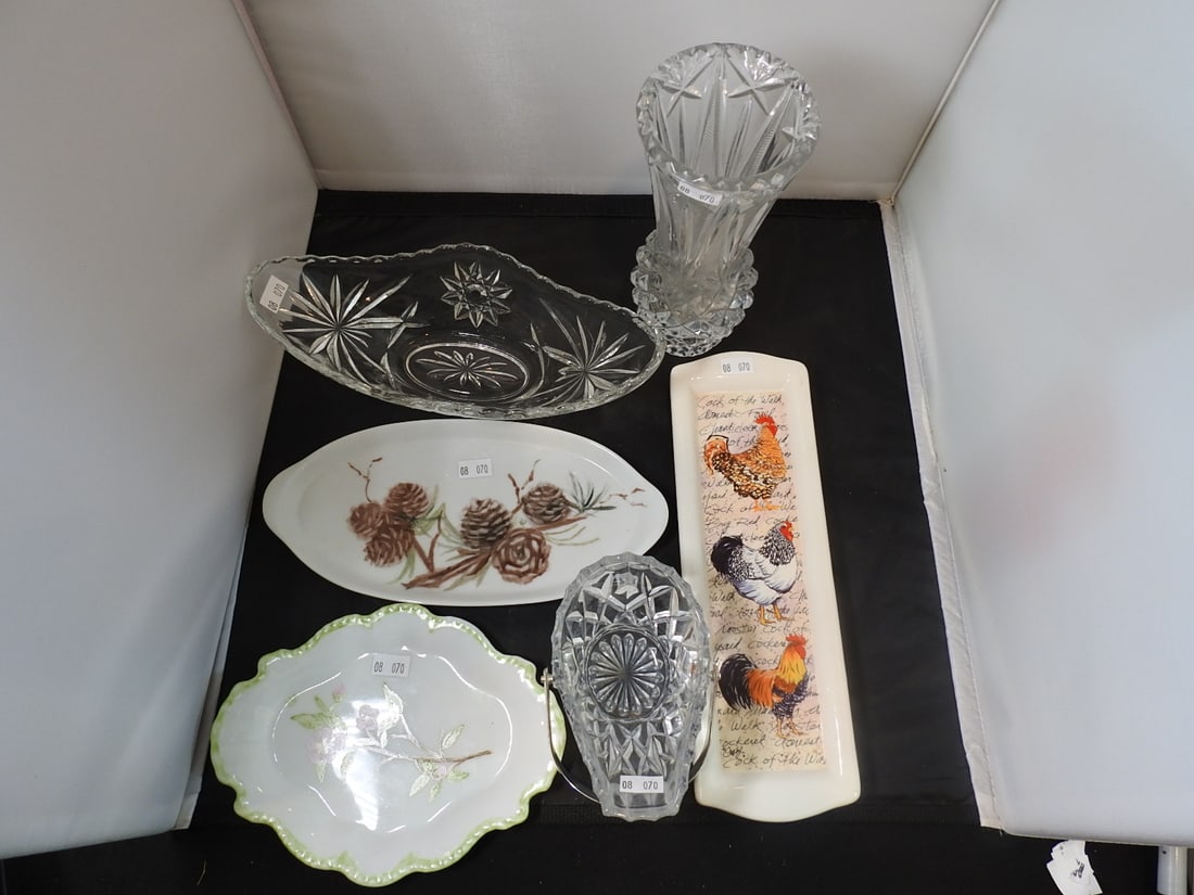 Pressed Glass and Porcelain Serving Dishes: Pressed glass and porcelain serving dishes, measured as packed. Approx. 9 x 10 x 14 in.