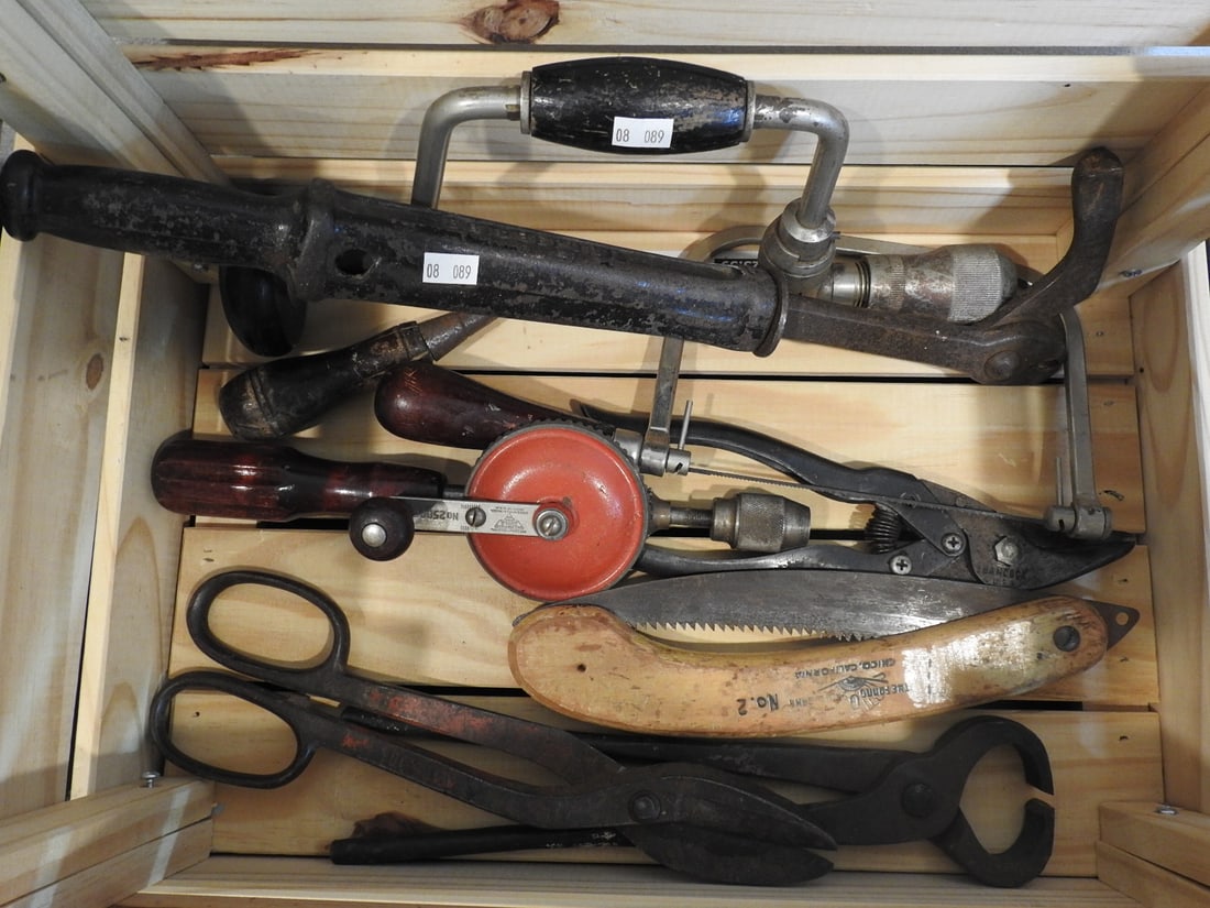 Wooden Crate of Vintage Tools: Wooden crate of vintage tools including hand tools and workshop pieces, measured as packed. Approx. 13 x 20 x 13 in.