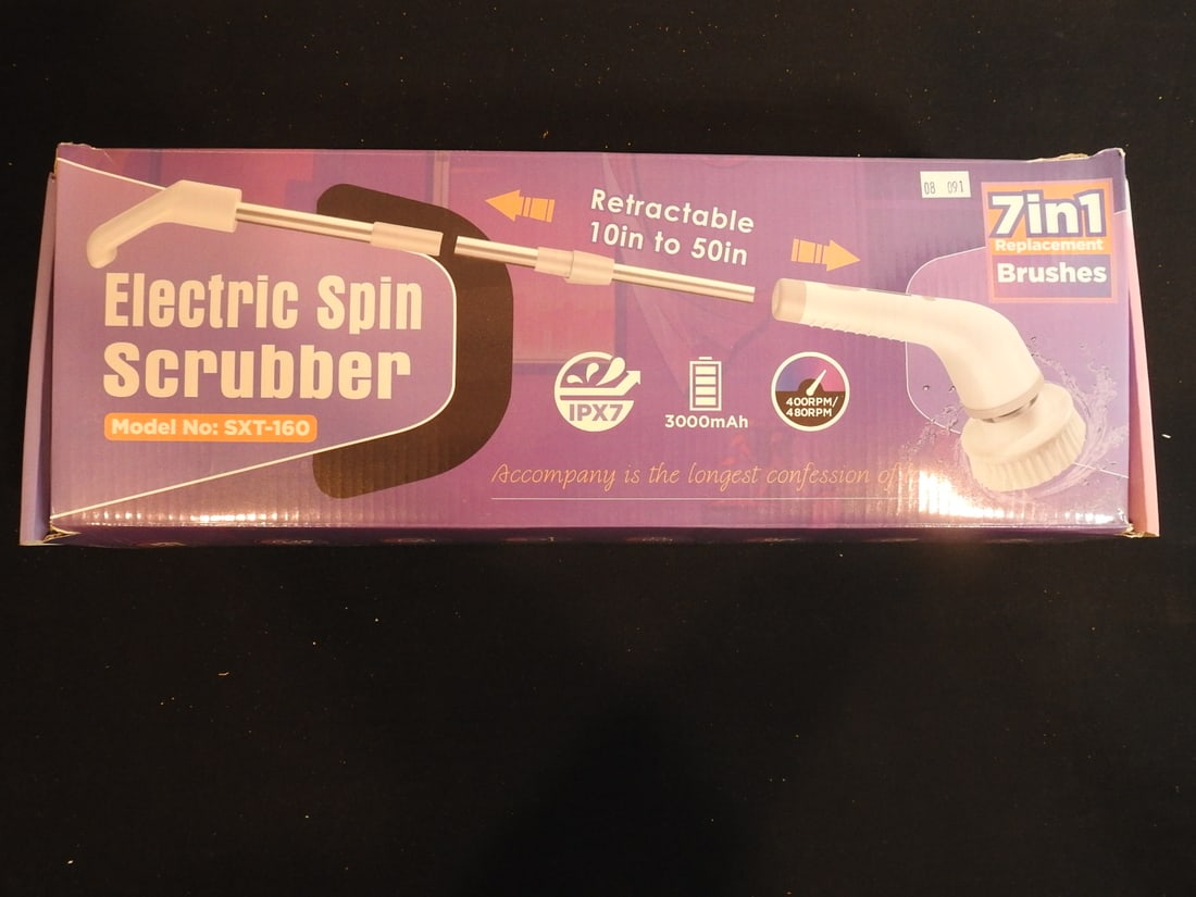 Electric Spin Scrubber: Electric Spin Scrubber rechargeable 7-in-1 cleaning tool, measured as packed. Approx. 7 x 18 x 5 in.