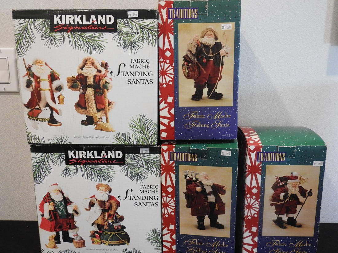 Kirkland and Kurt Adler Santa Figure Collection: Collection of quality Santa figures including visible Kirkland and Kurt Adler boxed pieces, measured as packed. Approx. 24 x 16 x 16 in.