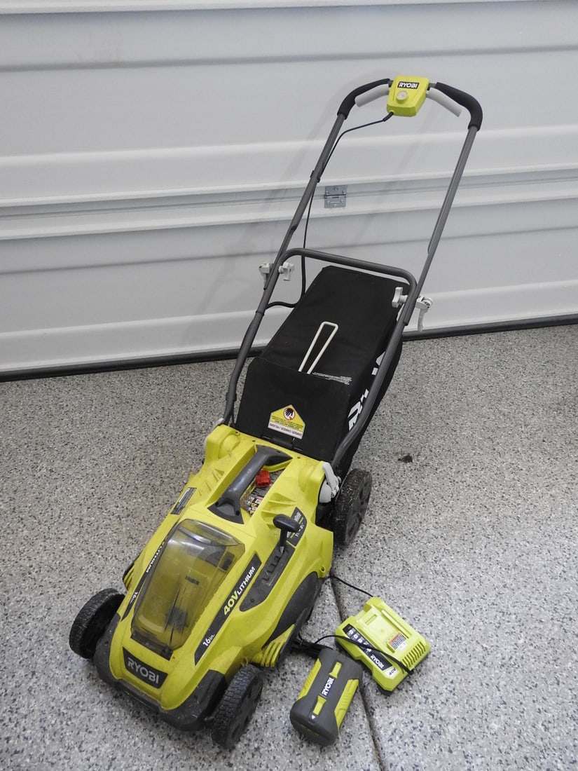 Ryobi Electric Lawn Mower with Battery and Charger: Ryobi electric lawn mower with battery and charger as noted, measured as packed. Approx. 26 x 16 x 48 in.