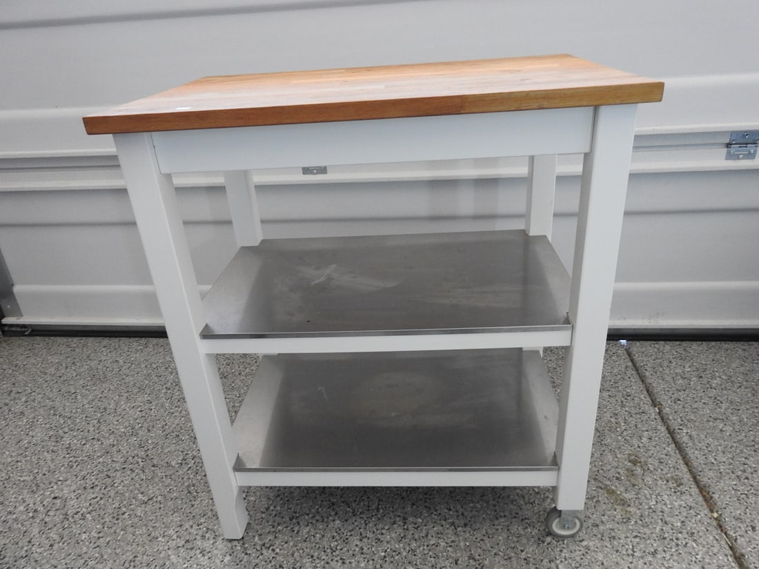 White Utility Work Table: White utility work table or bench, measured as packed. Approx. 11 x 13 x 50 in.