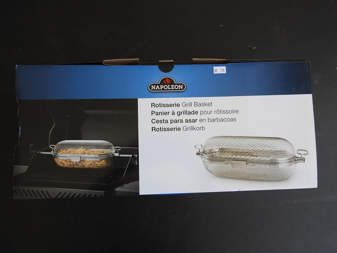 Napoleon Rotisserie Grill Basket: Napoleon rotisserie grill basket in box, measured as packed. Approx. 7 x 19 x 9 in.