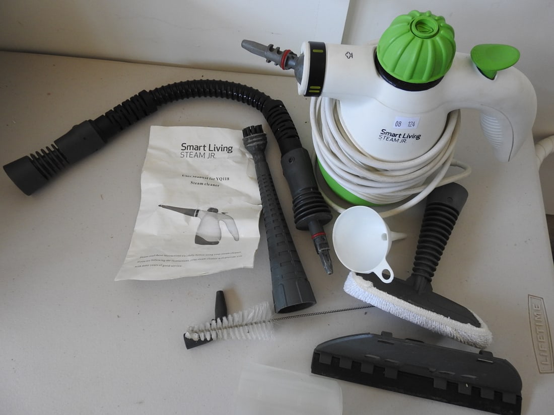 Steam Cleaner with Accessories: Steam cleaner with accessories, measured as packed. Approx. 10 x 12 x 15 in.