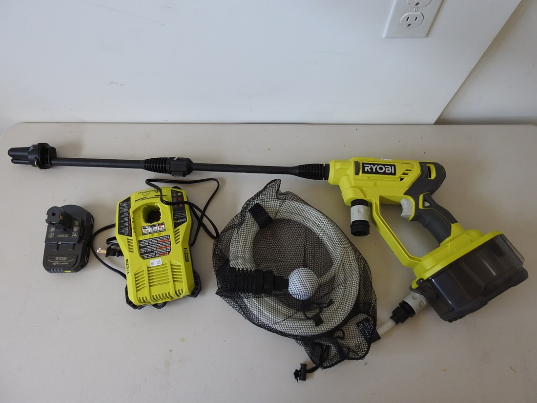 Ryobi One Plus Cordless Power Cleaner: Ryobi One Plus cordless power cleaner with battery and charger as noted, measured as packed. Approx. 11 x 9 x 15 in.