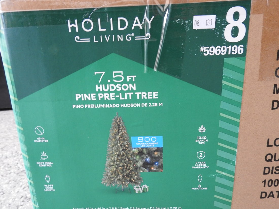 Holiday Living Pre-Lit Hudson Pine Tree: Holiday Living 7.5 ft Hudson pre-lit pine tree in box, measured as packed. Approx. 13 x 12 x 42 in.