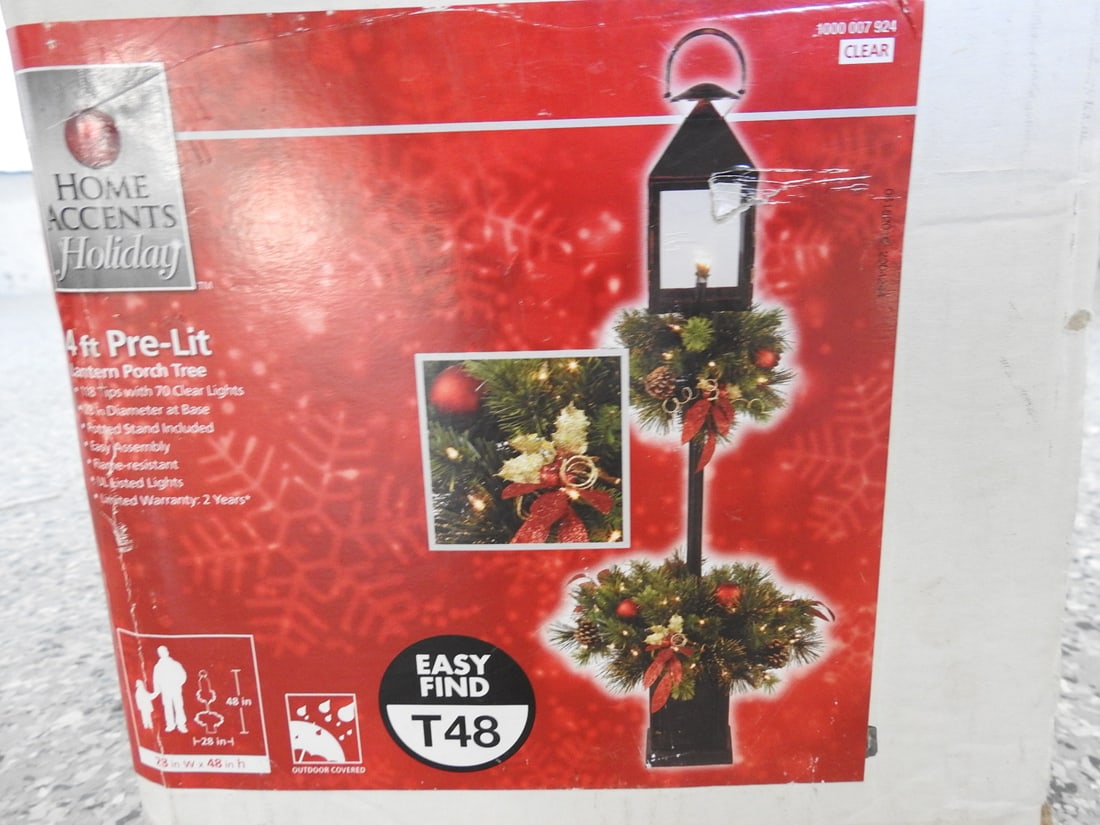 Home Accents Holiday Pre-Lit Lantern Porch Tree: Home Accents Holiday pre-lit lantern porch tree in box, measured as packed. Approx. 10 x 10 x 42 in.