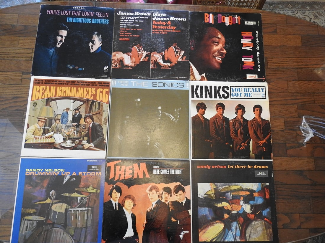 Lot of Nine Assorted Vinyl Records: Lot of nine assorted vinyl records, one photo per lot as noted. Visible records include mixed rock, pop, country, jazz, and easy listening titles. Approx. 2 x 13 x 13 in.
