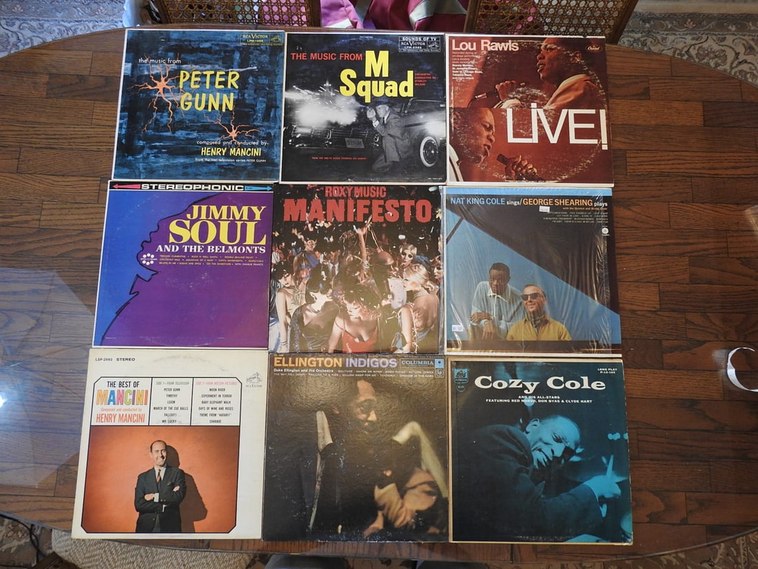 Lot of Nine Assorted Vinyl Records: Lot of nine assorted vinyl records, one photo per lot as noted. Visible records include mixed rock, pop, country, jazz, and easy listening titles. Approx. 2 x 13 x 13 in.