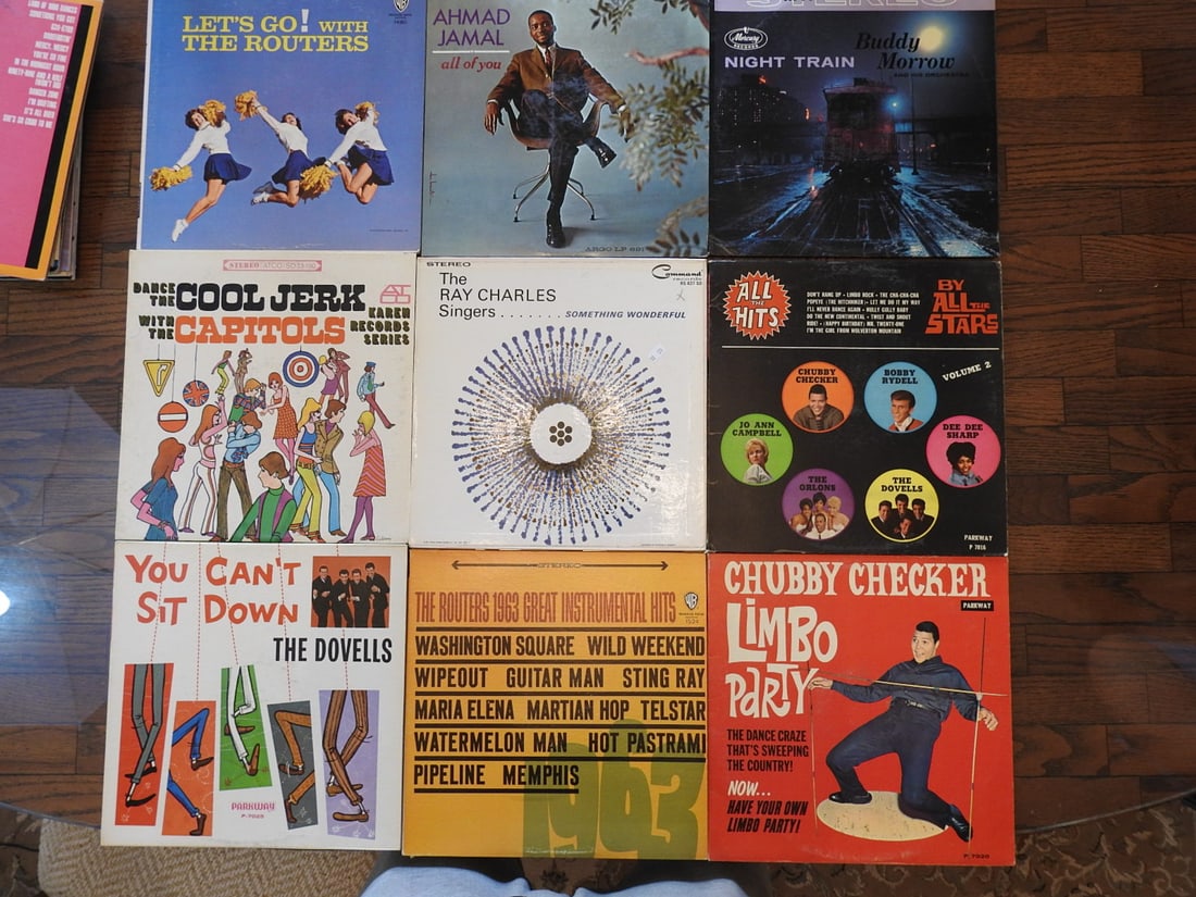 Lot of Nine Assorted Vinyl Records: Lot of nine assorted vinyl records, one photo per lot as noted. Visible records include mixed rock, pop, country, jazz, and easy listening titles. Approx. 2 x 13 x 13 in.