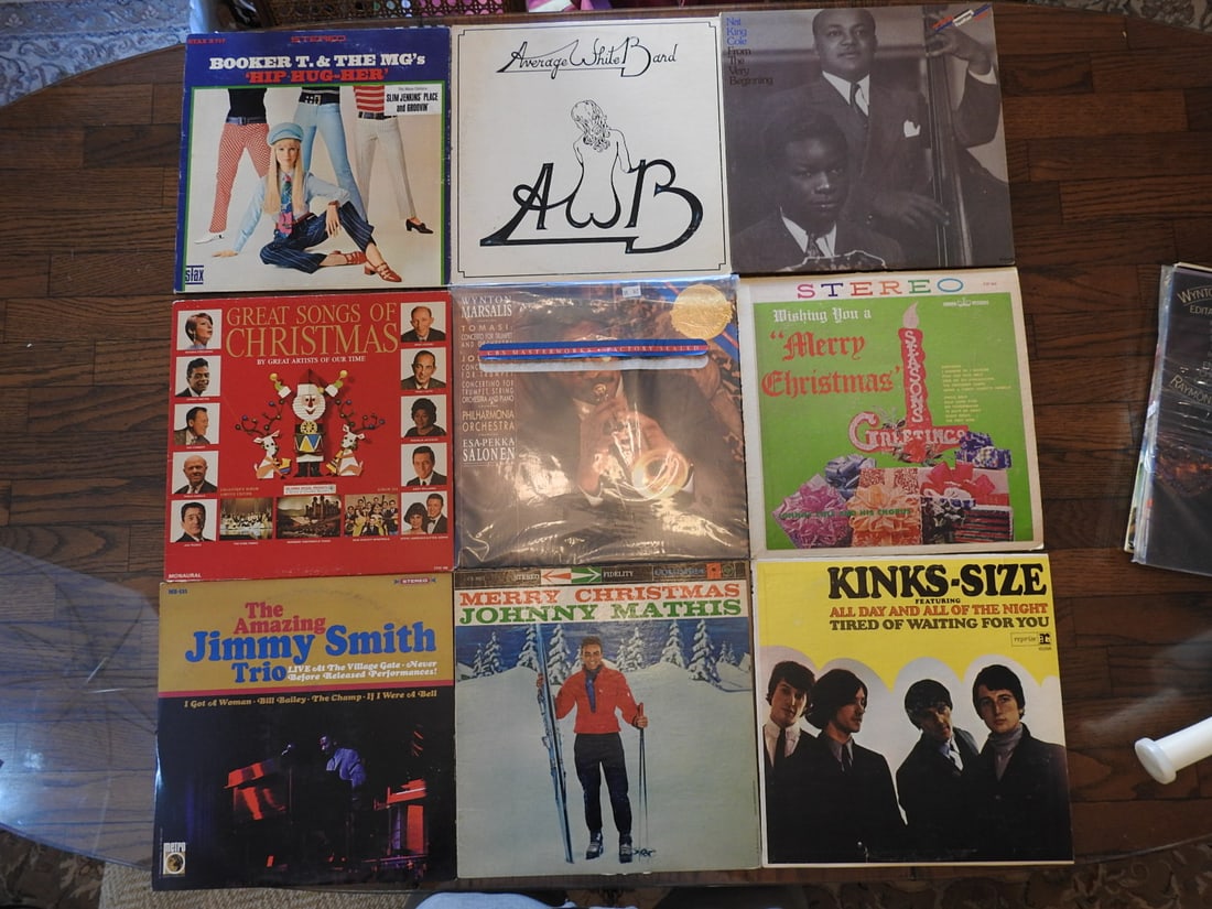 Lot of Nine Assorted Vinyl Records: Lot of nine assorted vinyl records, one photo per lot as noted. Visible records include mixed rock, pop, country, jazz, and easy listening titles. Approx. 2 x 13 x 13 in.