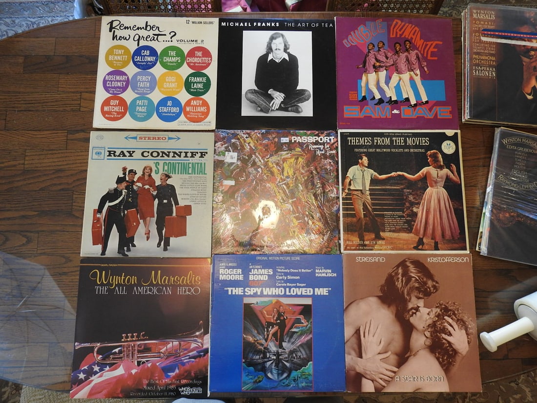 Lot of Nine Assorted Vinyl Records: Lot of nine assorted vinyl records, one photo per lot as noted. Visible records include mixed rock, pop, country, jazz, and easy listening titles. Approx. 2 x 13 x 13 in.