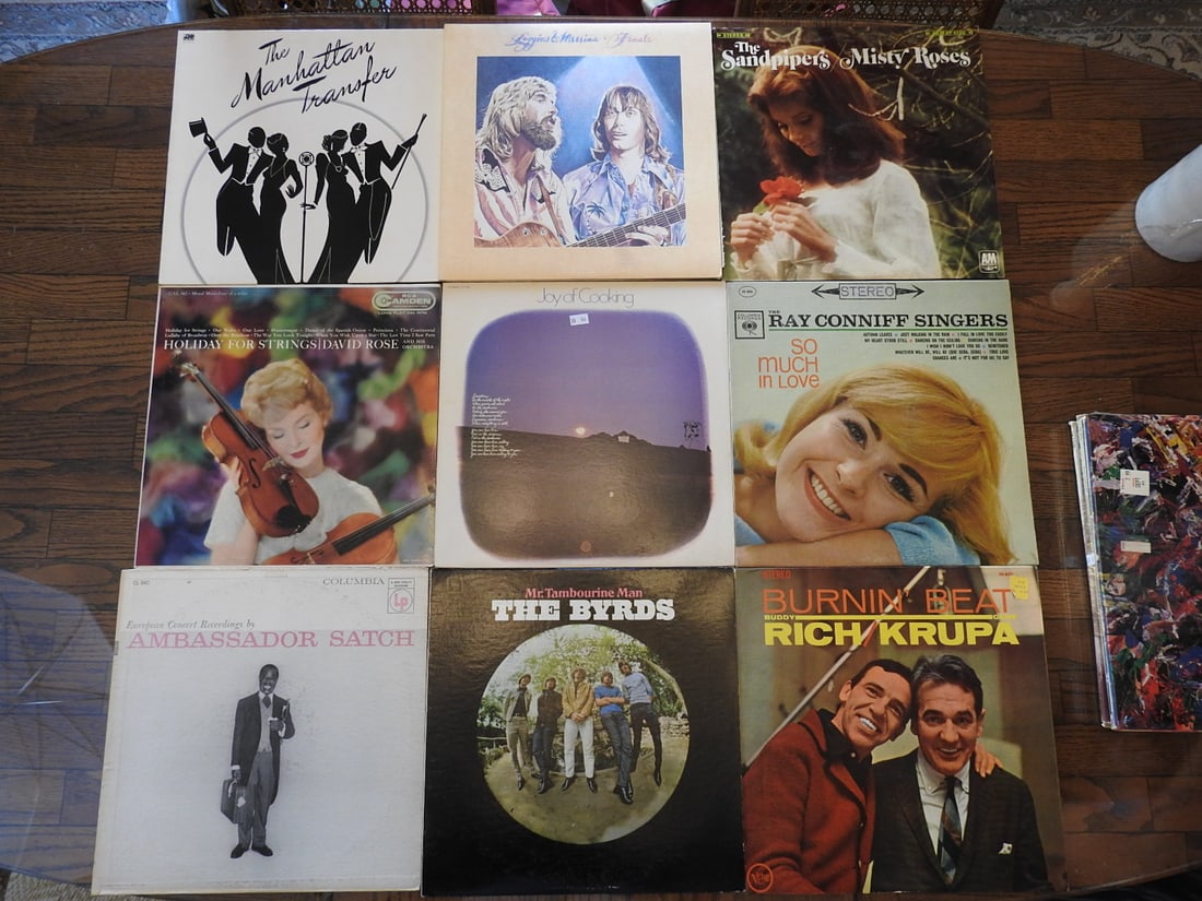 Lot of Nine Assorted Vinyl Records: Lot of nine assorted vinyl records, one photo per lot as noted. Visible records include mixed rock, pop, country, jazz, and easy listening titles. Approx. 2 x 13 x 13 in.