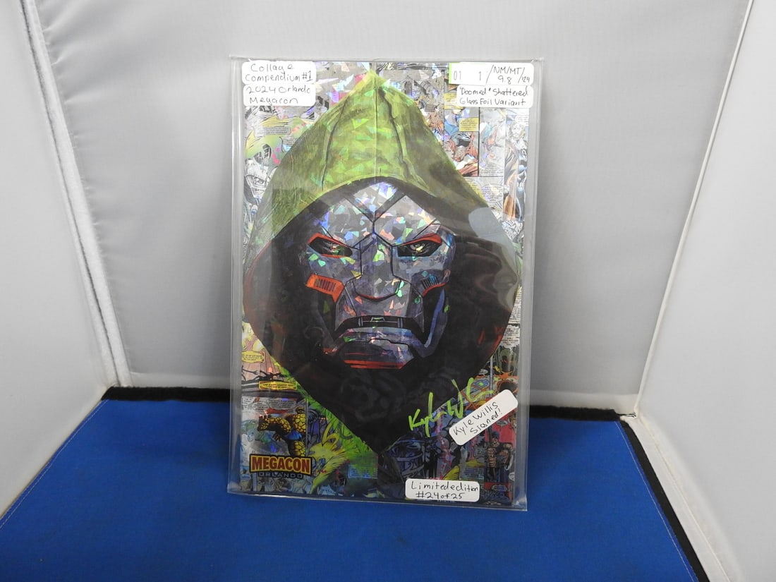 2024 MegaCon Orlando Collage Compendium #1 Shattered Glass Foil Variant - Signed Kyle Willis: 2024 MegaCon Orlando convention exclusive Collage Compendium #1 with Shattered Glass foil treatment. Signed by Kyle Willis and hand-numbered limited edition 24/25. Includes visible QR code on back.