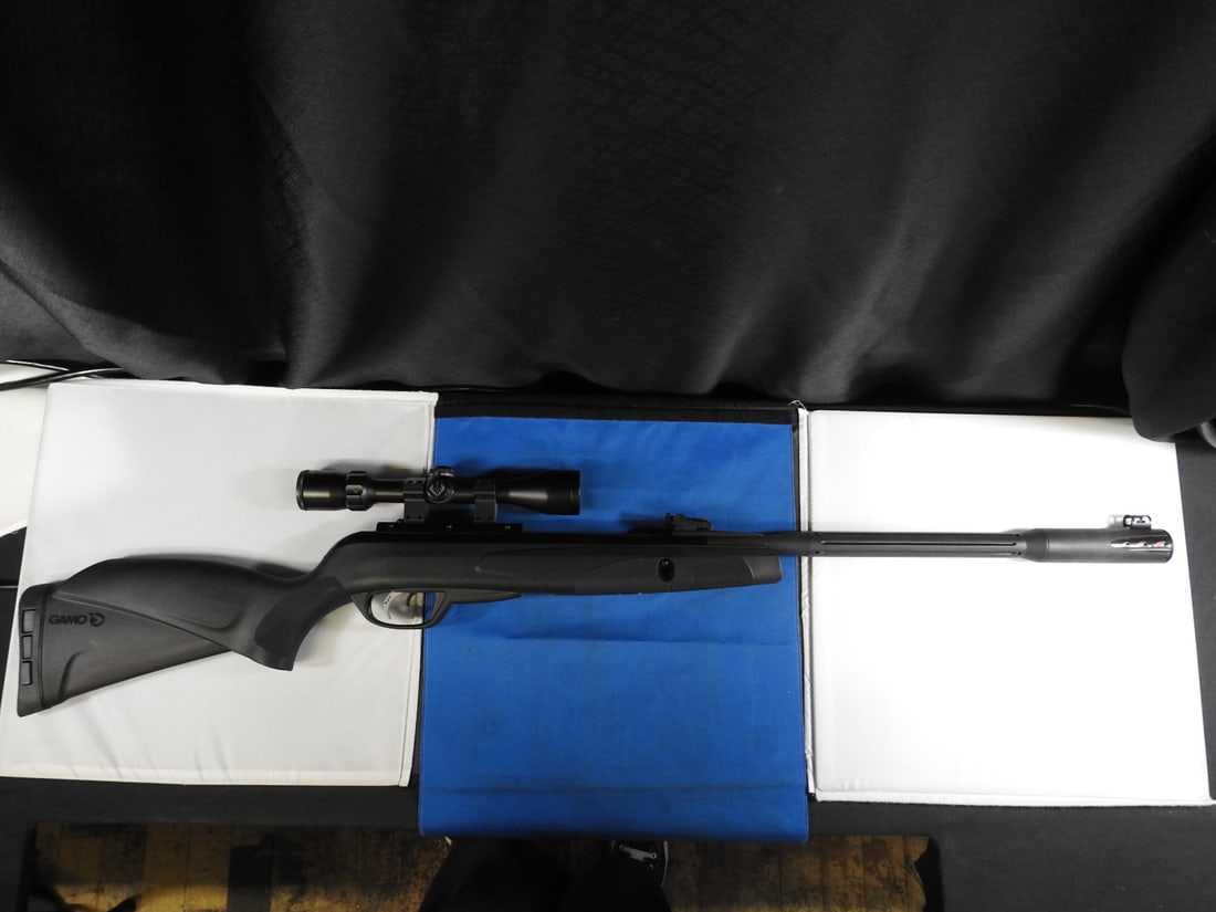 Gamo Whisper Fusion Pro .177 Cal Air Rifle with Bushnell Scope: Gamo Whisper Fusion Pro air rifle, caliber 4.5 mm/.177, marked 1400 FPS with PBA Platinum. Fitted with Bushnell scope and fiber-optic sights as photographed. Barrel marked Gamo and Made in Spain.