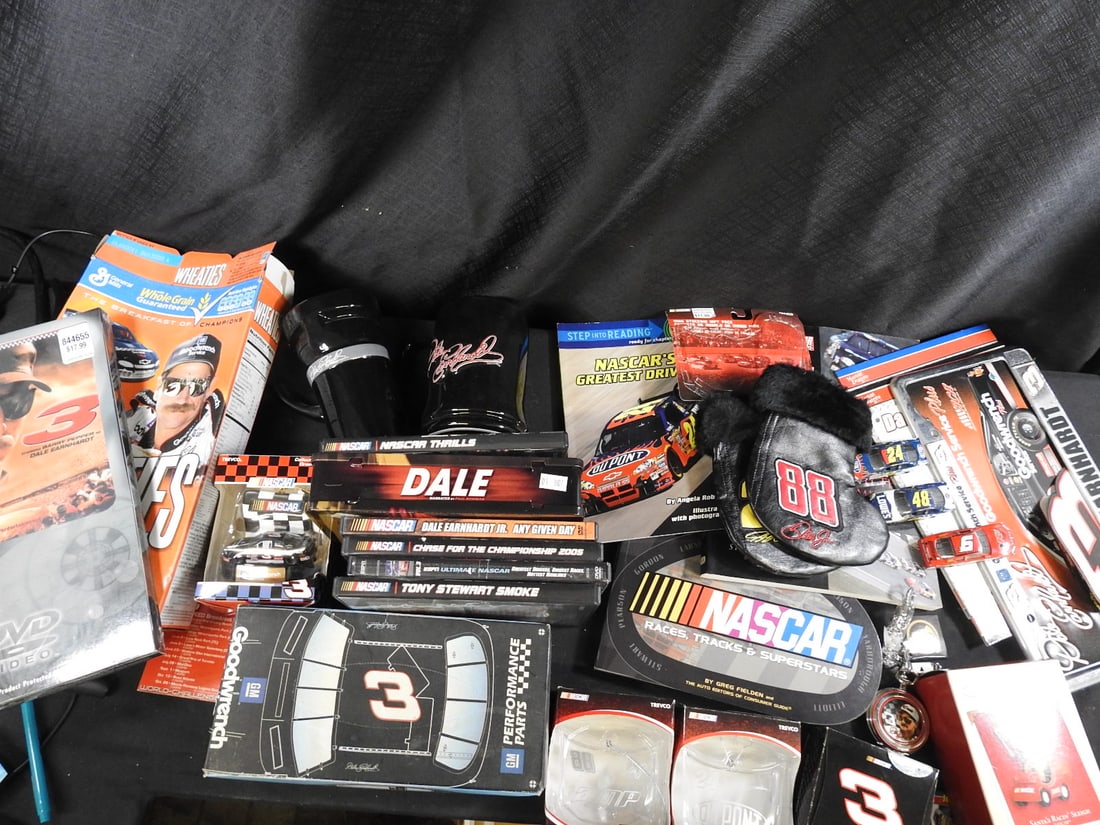 NASCAR Dale Earnhardt and Racing Memorabilia Collection: Mixed NASCAR fan collection featuring Dale Earnhardt, Dale Earnhardt Jr., Jeff Gordon and other racing subjects. Includes books, recorded media, drinkware, caps, fabric items and assorted