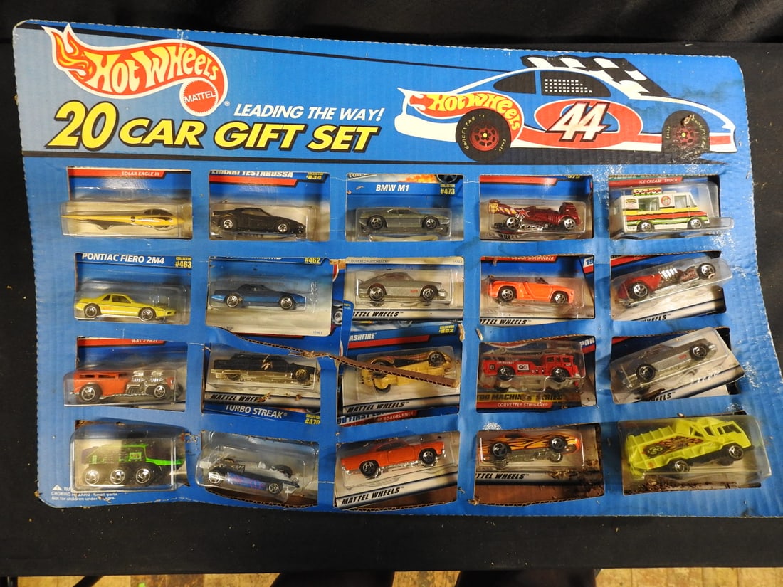 Hot Wheels 20-Car Gift Sets, 1995 and 1998, Lot of 2: Two boxed Hot Wheels 20-Car Gift Sets identified in the inventory as 1995 and 1998 issues. Each contains an assortment of die-cast vehicles.