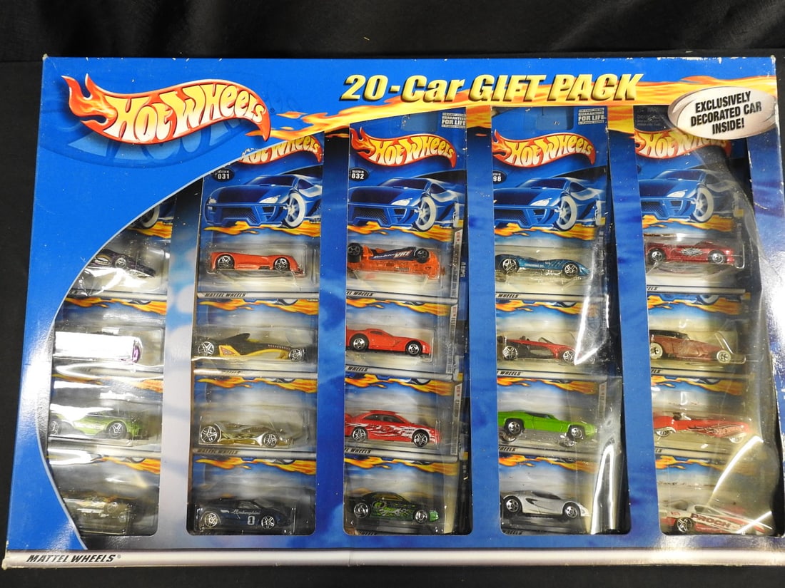 2001 Hot Wheels 20-Car Gift Packs, Lot of 2: Two Hot Wheels 20-Car Gift Packs dated 2001, each containing an assorted selection of die-cast vehicles.