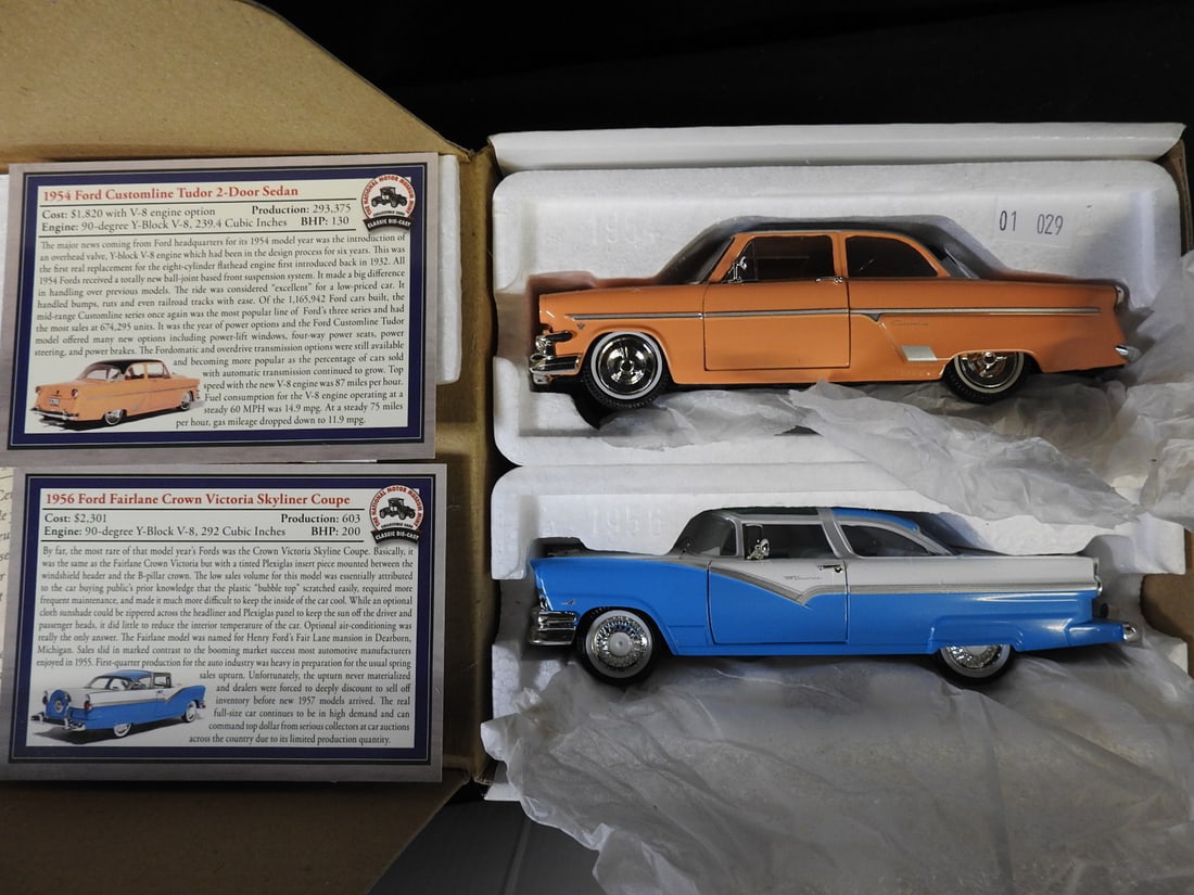 National Motor Museum Mint Ford and Chevrolet Models, Lot of 4: Four National Motor Museum Mint models with certificates and foam packaging: 1954 Ford Customline Tudor, 1956 Ford Fairlane Crown Victoria Skyliner, 1934 Ford Pickup and 1932 Chevrolet Roadster