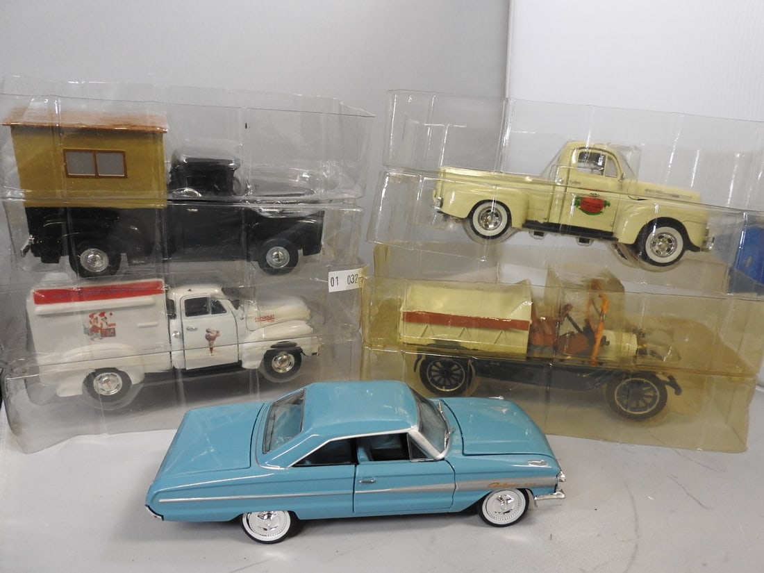 National Motor Museum Mint Ford and Chevrolet Models, Lot of 5: Mixed National Motor Museum Mint group with four packaged vintage truck models and one loose turquoise Ford Galaxie-style hardtop. Includes certificates or cards shown.
