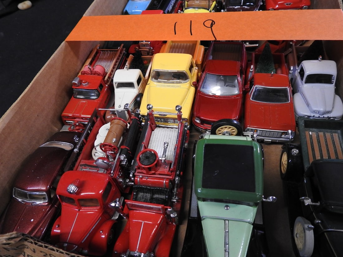 Vintage Model Cars, Trucks and Fire Apparatus: Mixed loose group of vintage-style model cars, pickup trucks, service vehicles and fire apparatus, including a Ford Benzol tanker and the additional models shown.