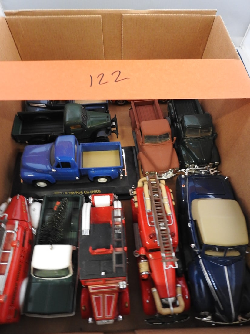 Mixed Die-Cast Cars, Pickups and Fire Vehicles: Mixed loose model vehicle collection with classic cars, pickup trucks, fire apparatus and service vehicles in assorted colors and scales.