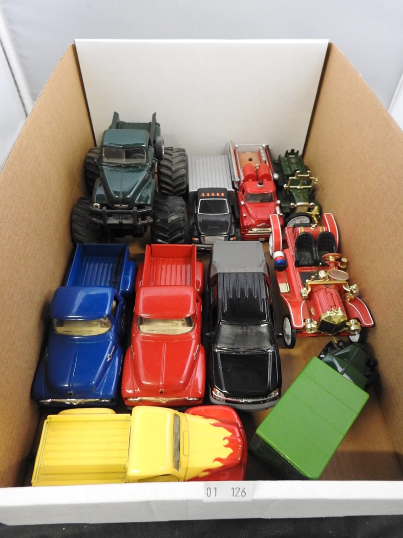 Mixed Die-Cast Pickups, Fire Engines and Monster Truck: Mixed loose die-cast vehicle group with pickup trucks, vintage fire engines, a monster truck, delivery vehicles and additional models shown.