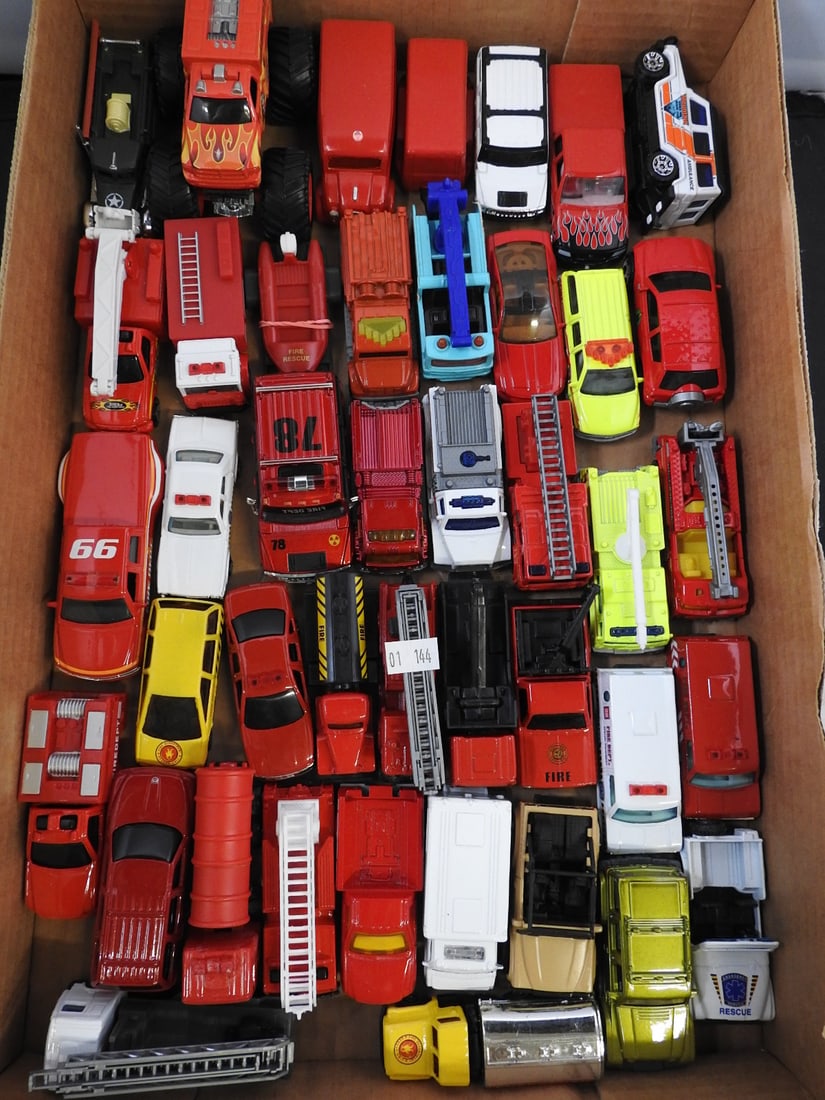 Large Mixed Die-Cast Cars and Emergency Vehicles: Large loose assortment of passenger cars, fire trucks, ambulances, pickups, racing vehicles and specialty models in mixed scales.