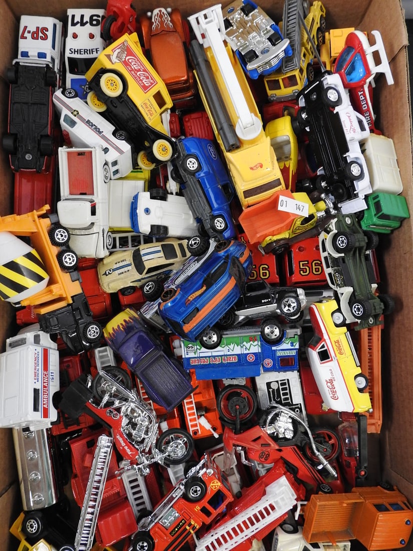 Large Loose Toy Car and Truck Collection: Large mixed loose collection of cars, pickups, fire engines, construction vehicles, racing cars and service trucks in assorted scales.
