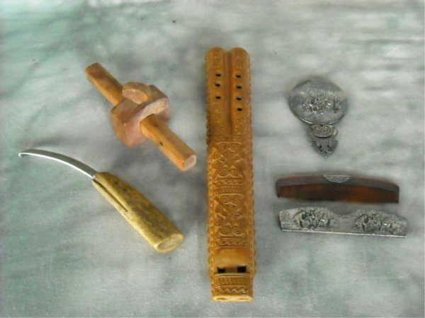 Music, Carving Or Skinning Tool, Flute, Gauge: (1) A hand carved Indian flute. (2) A A 5 piece lot as follows: stag handled hidding knife. (3) Early sliding gauge. (4) A pair of silverplated comb and mirror.
