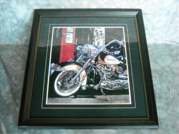 Jacobs, Scott "Pumping Iron" Harley Davidson Print: A Harley Davidson print title "Pumping Iron", by Scott Jacobs, nicely matted and framed. Purchased at Country Junction.