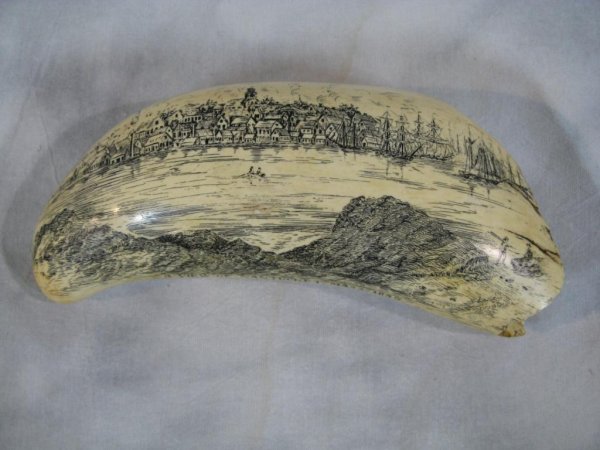 Nantucket Whaling Museum Scrimshaw Whales Tooth: Titled, "A view of Nantucket, MA. 1853". Scene of ships in a harbor. Artek Reproduction Nanurcket Whaling Museum.