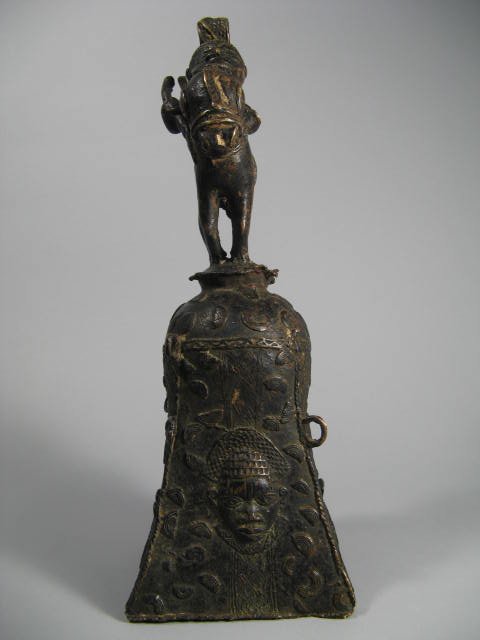 African Bronze Art Sculpture / Shrine: Man on a donkey holding a spear. Attributed to Bamileke, Cameroon or Benin. H.18" by W. 6".