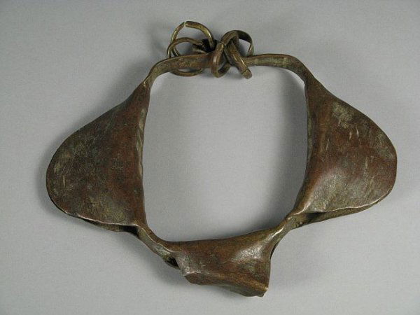 121 African Copper Slave Dance Leg Anklet: Copper ceremonial anklet with rings. 6 3/4" by 5 1/2"