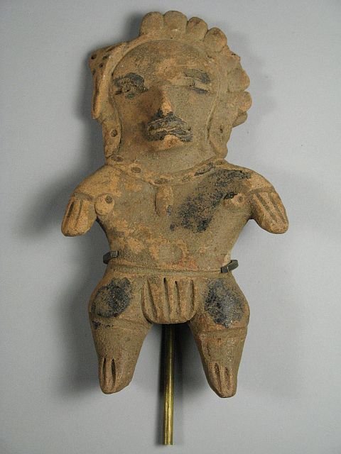 South American Earthenware Clay Figure: Pre-Columbian in style.Measures 6" by 3 3/4".