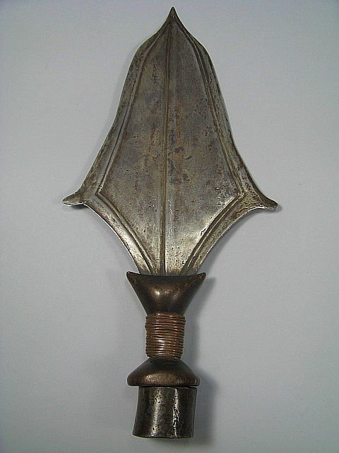 African Tribal Iron Weapon / Spear / Currency: Made of iron, bronze and wood. H. 13.5" W. 6.25" by Dia. 1.5".