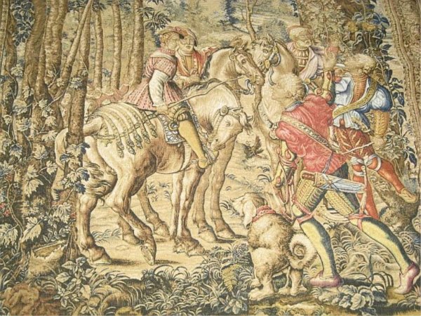 French Needlepoint On Burlap Tapestry: H. 67.5" by W. 54"