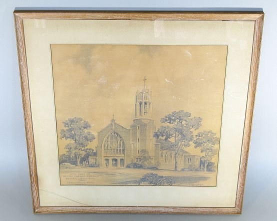 Signed Schell Lewis Church Pencil Drawing: 1957 Drawing " Our Lady of Mount Carmel Church, Boonton New Jersey " Thomas Henry Moran, Architect. 23" T. by 22 1/4" W.