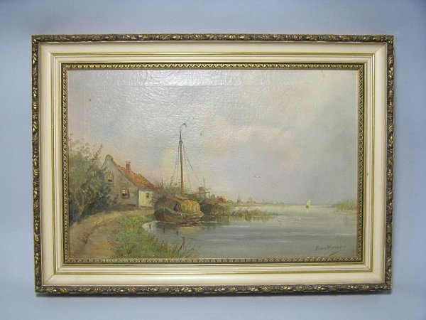 European School Oil On Canvas Dutch Harbor: 19th century oil on canvas in original guilt and gesso frame, SLR, signature not clear. H.19.5" x W.17.5".