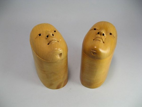 Pr Of Japanese Wooden Hinged Boxes With Faces: Made by "Dragonfly Jumeau San Francisco", One does have some wear as seen. H.7.5"