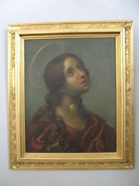 After Carlo Dolci (Italian 1616-1686) Oil Painting: Italian School after Carlo Dolci (19th Century) '"Mary Magdalene" .In black ink on the back side of the canvas, "L. Lucia Di Carlo Dolci, A Cherici Copio 1887". Gold gilt frame. H. 20" x W. 16"